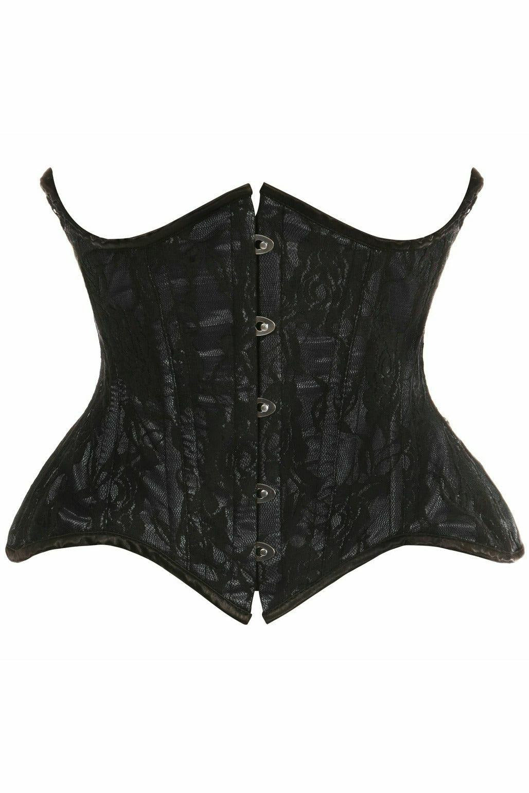 Top Drawer Black w/Black Lace Double Steel Boned Curvy Cut Waist Cincher Corset.