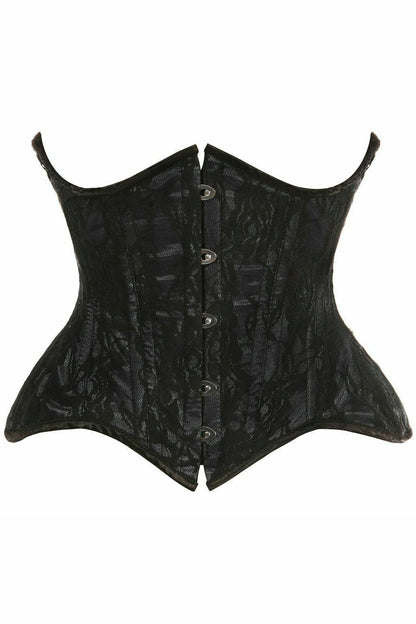 Top Drawer Black w/Black Lace Double Steel Boned Curvy Cut Waist Cincher Corset.
