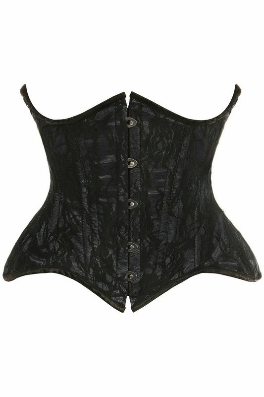 Top Drawer Black w/Black Lace Double Steel Boned Curvy Cut Waist Cincher Corset.
