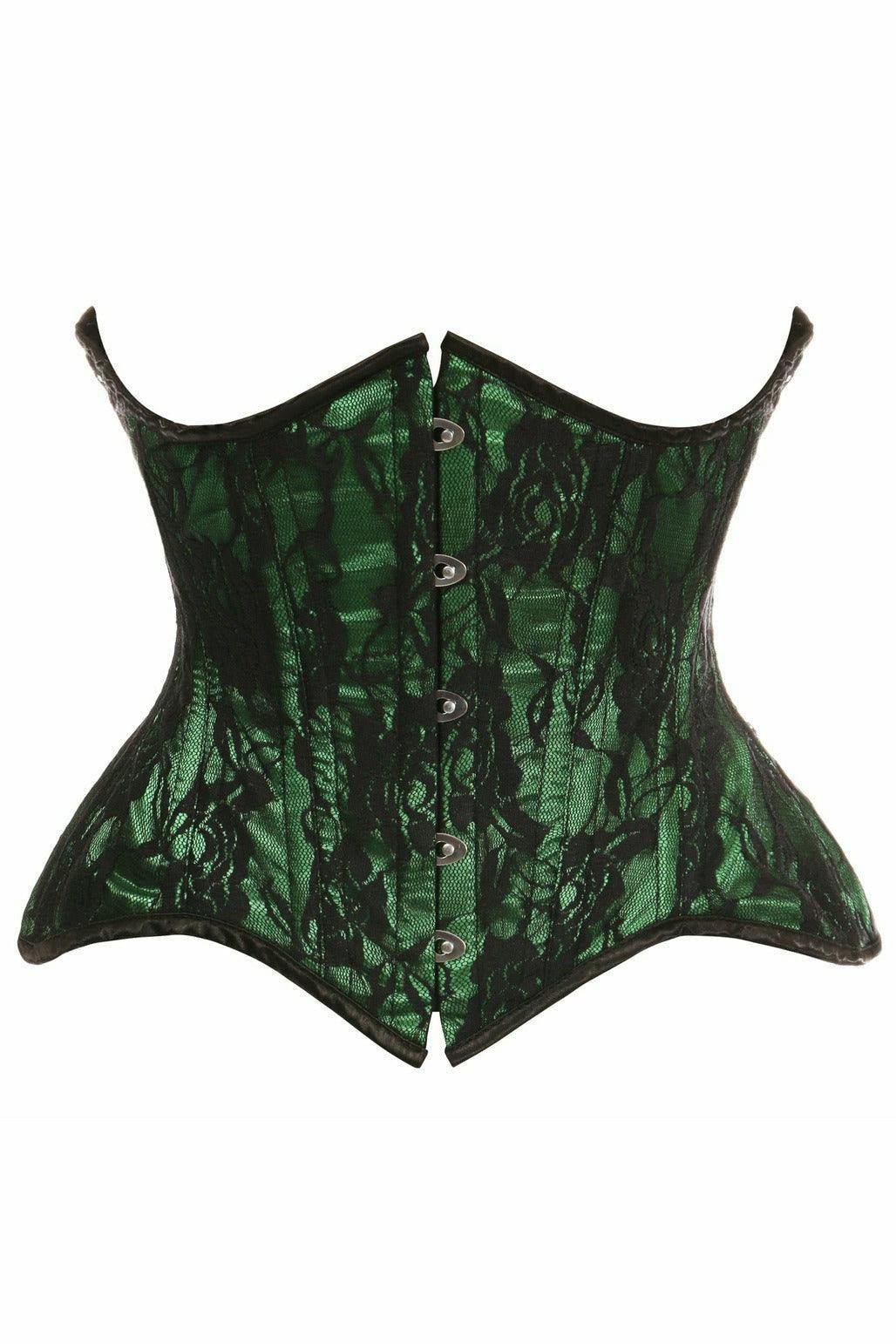 Top Drawer Green w/Black Lace Double Steel Boned Curvy Cut Waist Cincher Corset.