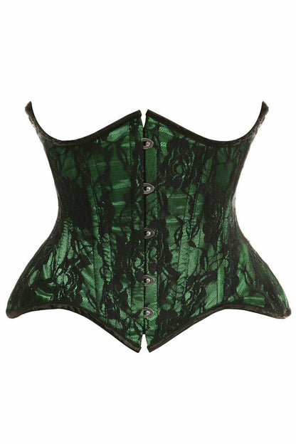 Top Drawer Green w/Black Lace Double Steel Boned Curvy Cut Waist Cincher Corset.