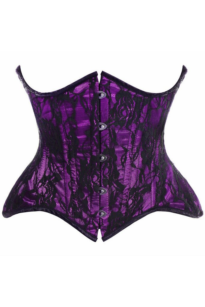 Top Drawer Purple w/Black Lace Double Steel Boned Curvy Cut Waist Cincher Corset.