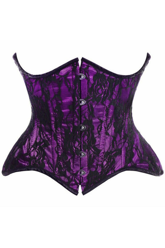 Top Drawer Purple w/Black Lace Double Steel Boned Curvy Cut Waist Cincher Corset.